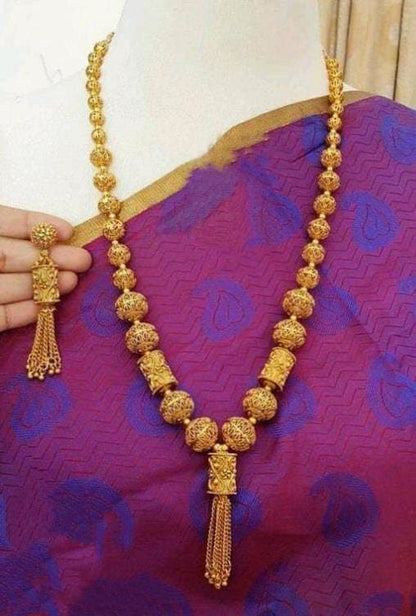 Gold Beads Antique Gold Finish South Indian Long Neck Chain For Women & Girls