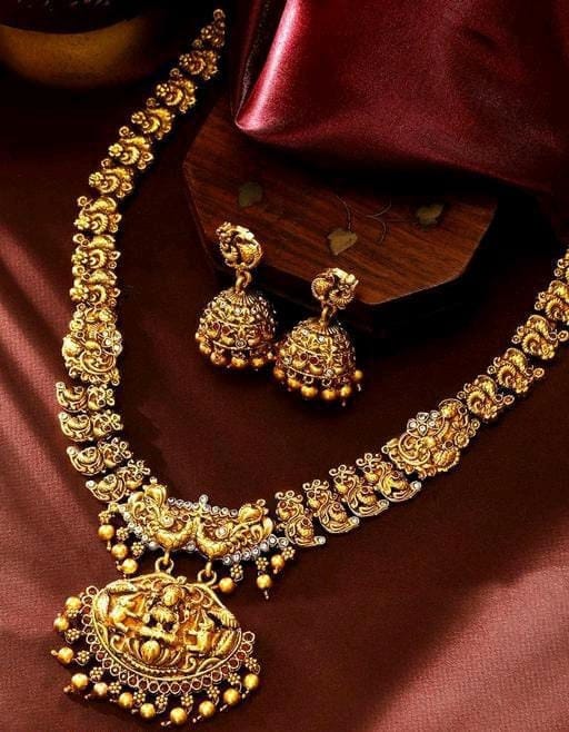 Rajwadi Copper Finish Stylish Bridal Temple Southindian Gold Plated Jewellery Set For Women & Girls