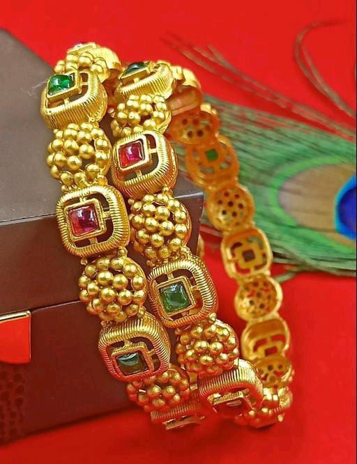 New Matte Finish Gold Stone South Indian Gold Plated Rajwadi Bangle Set For Women & Girls