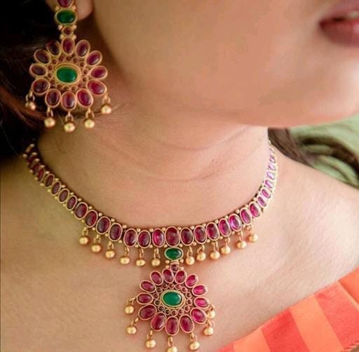 Bollywood Copper Finish Southindian Ruby Stone Gold Plated Jewellery Set For Women & Girls