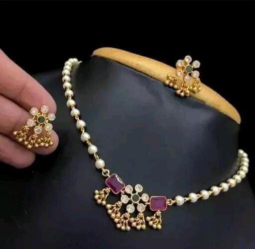 Antique Indian Style Ruby Stone Pearl Chain Premium Gold Necklace Chokar Set