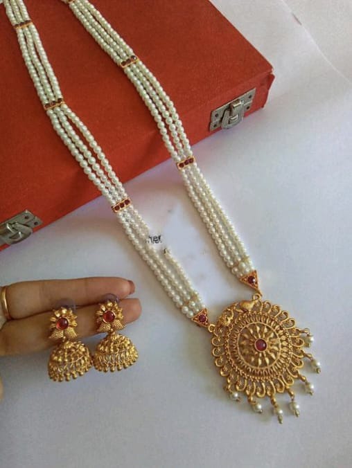 Tanmani Pearls Statement Long Gold Pendant Jewelry Set For Women & Girls