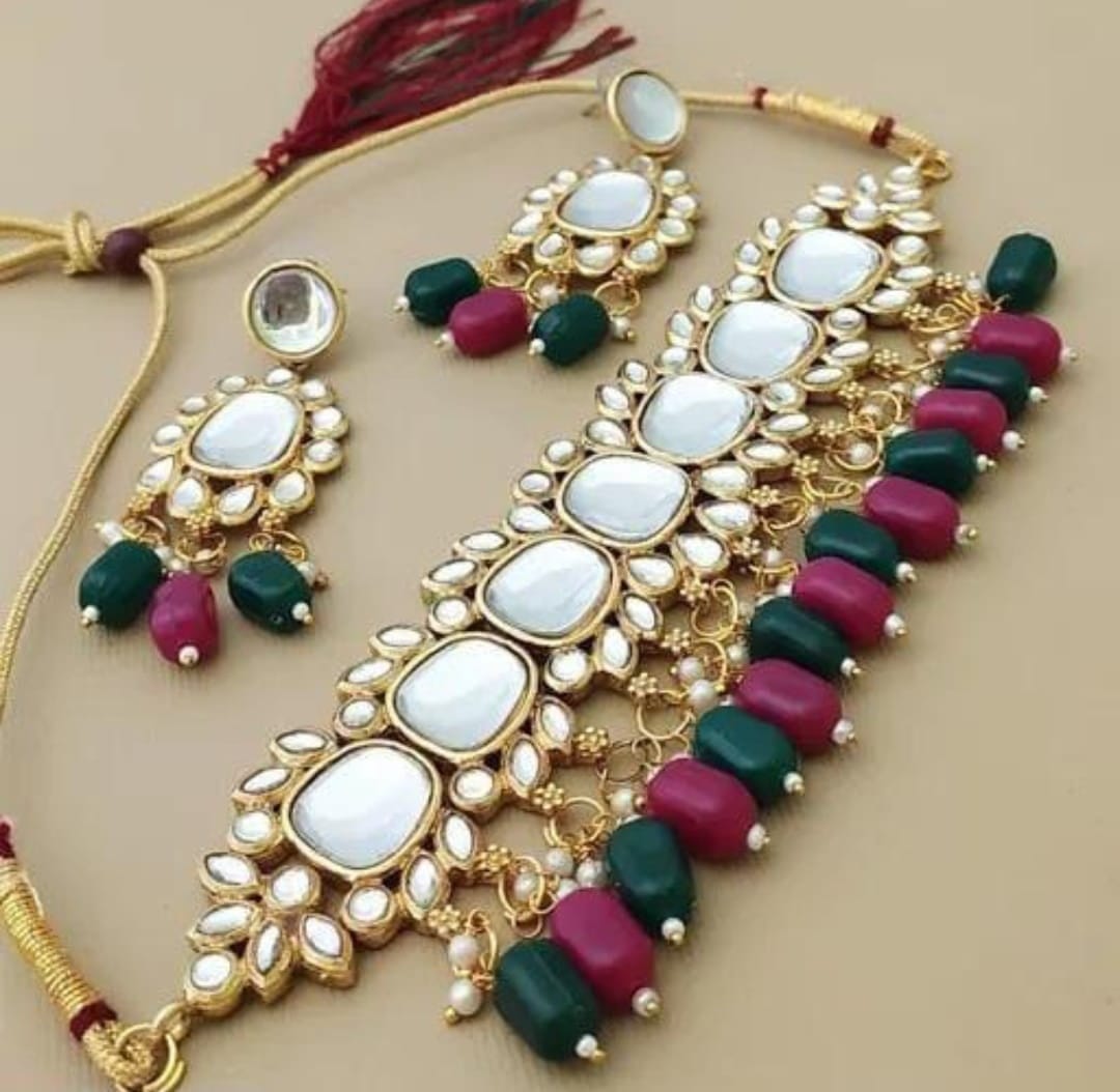 Heavy Kundan Work Polki Green Kundan Wedding Premium Necklace Set With Earrings