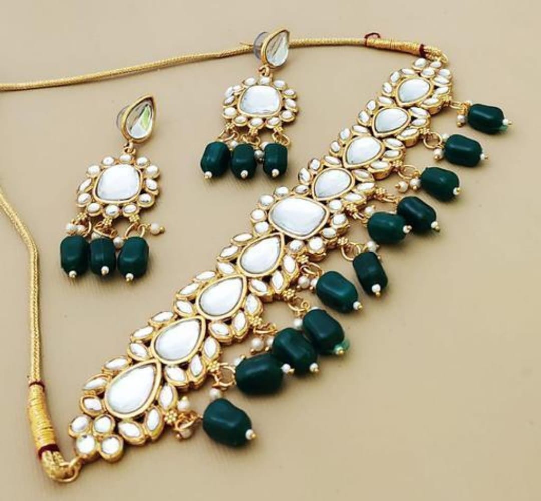 Heavy Kundan Work Polki Green Kundan Wedding Premium Necklace Set With Earrings