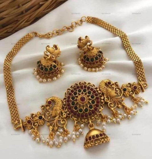 Pearls Dropping New Antique South Indian Gold Plated Ruby Stone Jewelry Set For Women & Girls