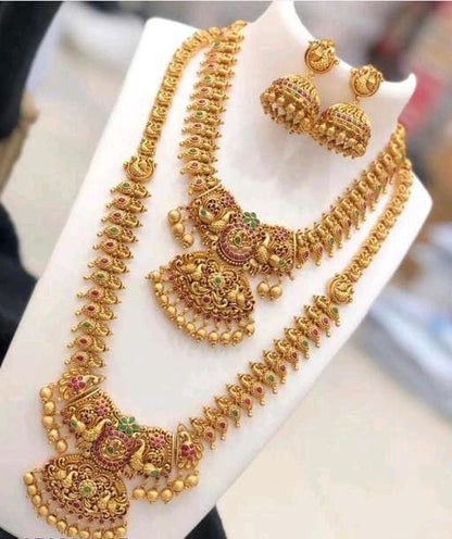 Semi Bridal South Indian Gold Necklace With Long Haram Jewelry Set For Women & Girls