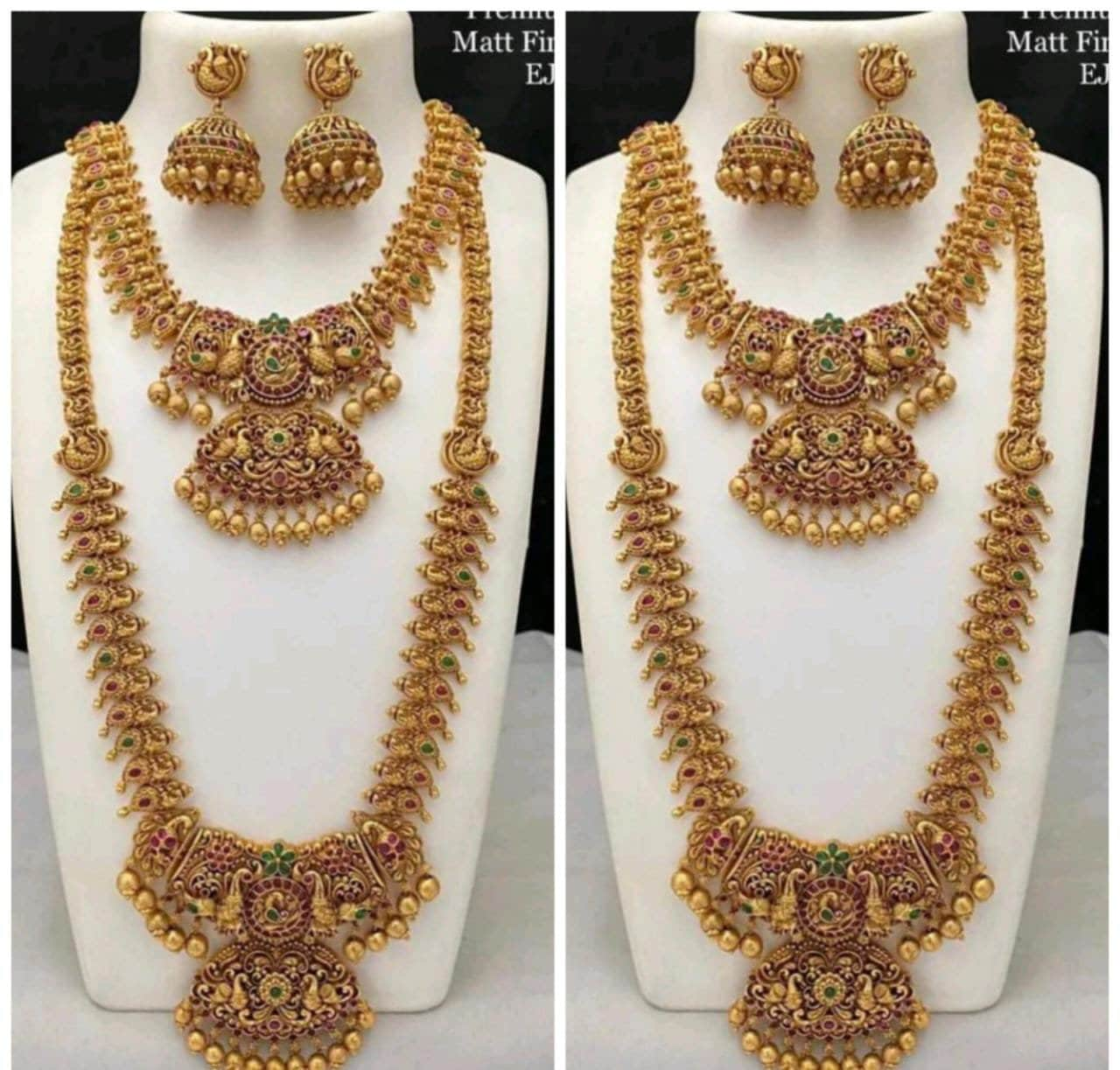 Semi Bridal South Indian Gold Necklace With Long Haram Jewelry Set For Women & Girls