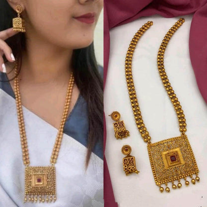 South Indian Long Copper Matte Finish Ruby Gold Necklace Pendant Set For Women & Girls