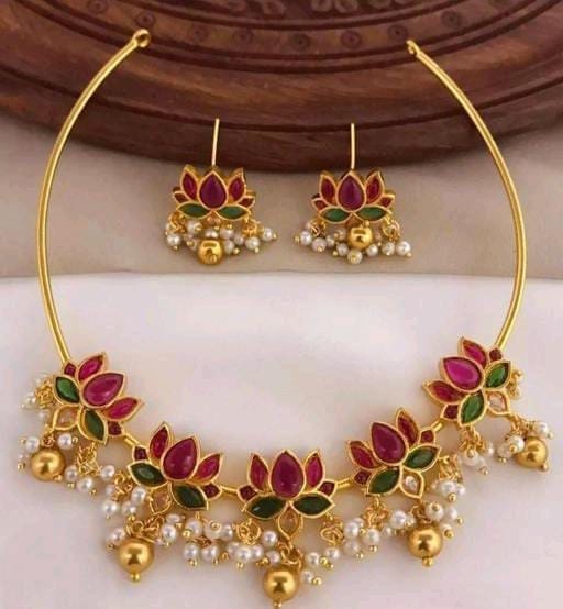 Lotus Gold Plated Solid Hasadi South Indian Pearls Dropping Chokar Necklace Set With Earrings