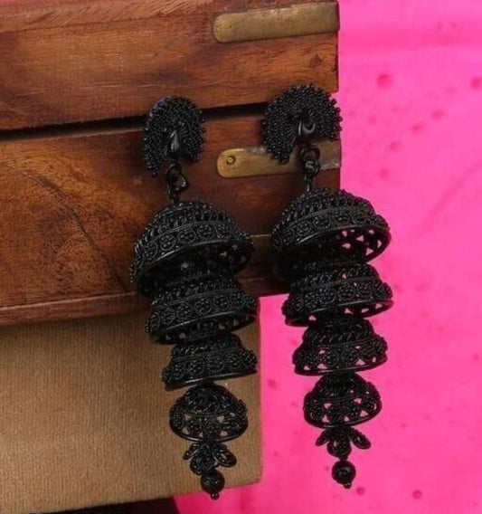 Fancy Black Temple Long Jhumki Ghungroo Hanging Jhumka Earrings For Women & Girls