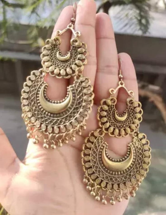 Jaipuri Look Golden Polish Long Afghani Jhumka Earrings For Women & Girls