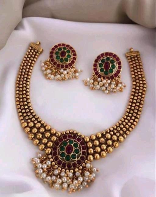 Bridal Gold Beads Statment Pink- Green South Indian Matte Finish Pearls & Stone Choker Necklace Set For Women & Girls