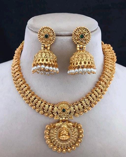 Heavy Gold Finish Floral Designer South Indian Unique Style Matte Golden Touch Necklace Set With Earrings