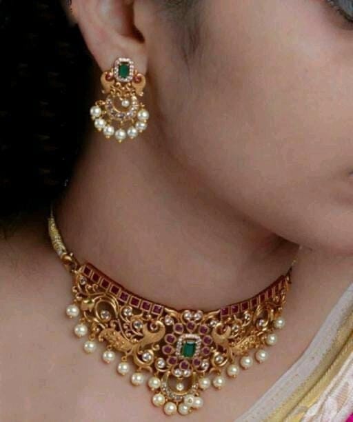 Designer Indian Gold Finish Floral South Indian Unique Style Matte Golden Touch Necklace Set With Earrings