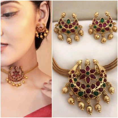 Indian Wedding Heavy Gold Polish Ruby Stone Gold Plated Jewellery Set For Women & Girls