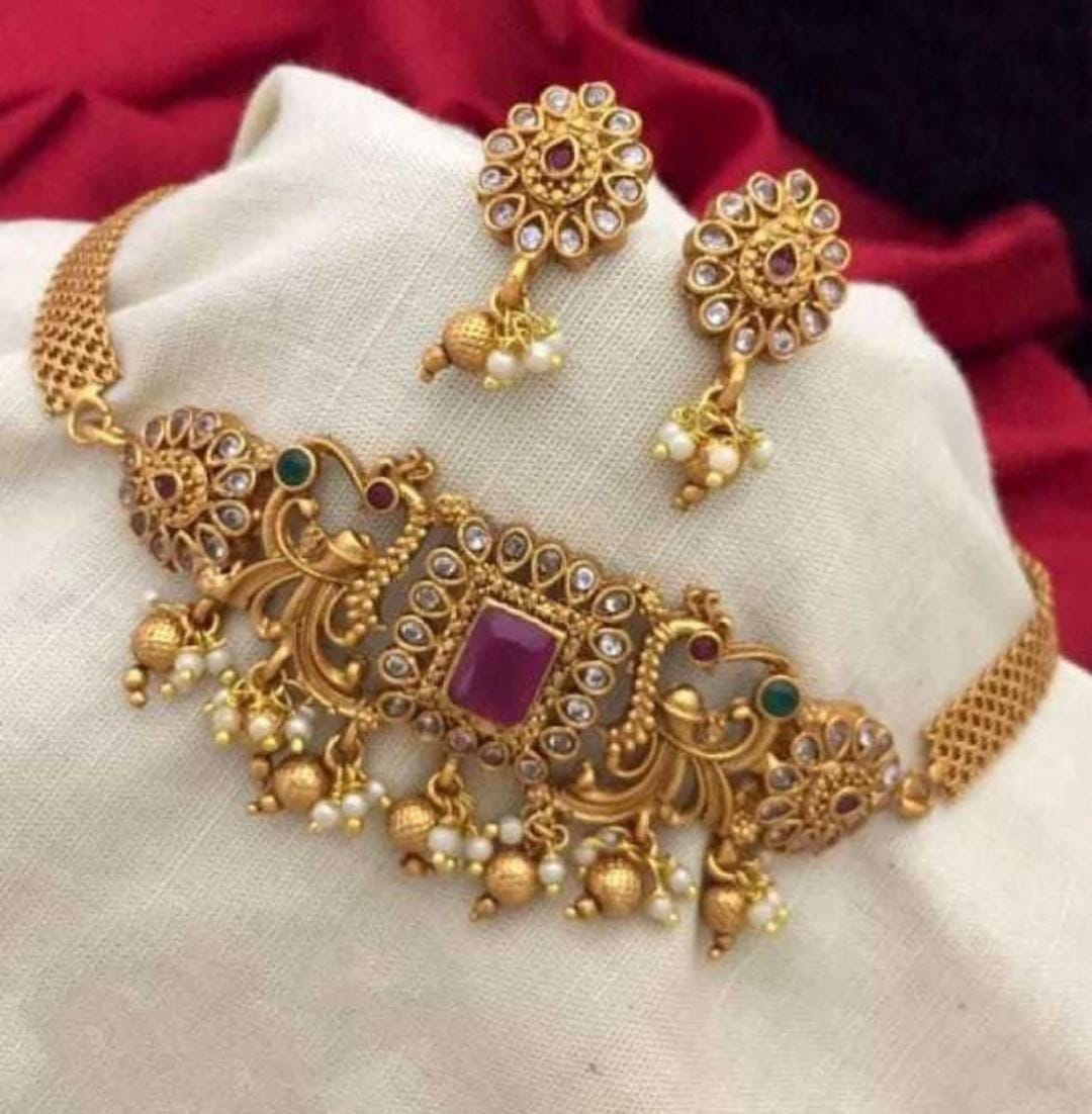 Wedding Matte Finish Heavy Gold Polish Ruby Stone Gold Plated Jewellery Set For Women & Girls