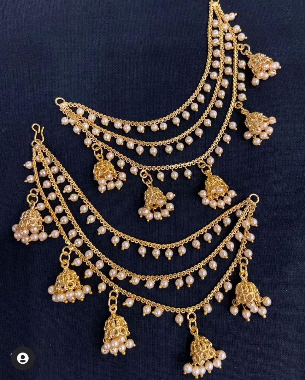 Beautiful Kundan Pearls Studded Matte finish Earchain- Ear Sahara And Holder For Women & Girls