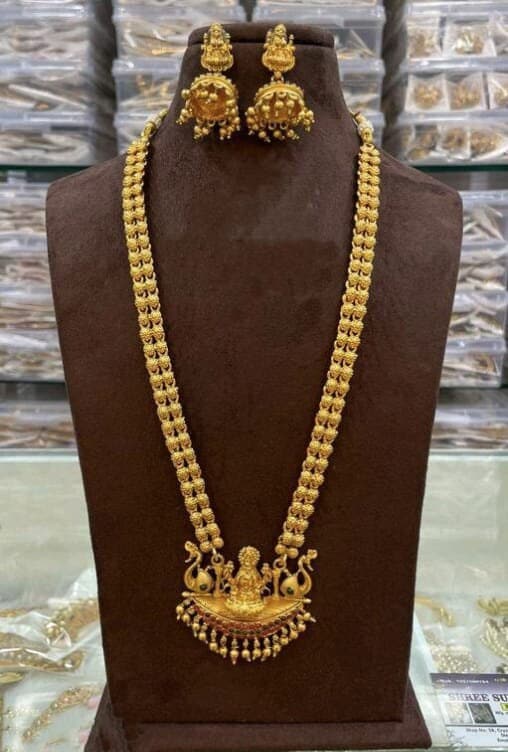 Solid Gold Matte Finish Golden Touch Long Haram Gold Beads Necklace Set With Earrings For Women & Girls