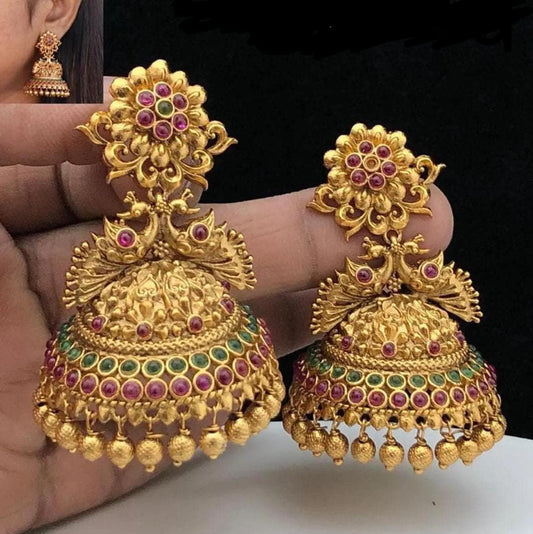 Copper Matte Antique South Indian Gold Plated Pearls Jhumka Earrings for Women & Girls