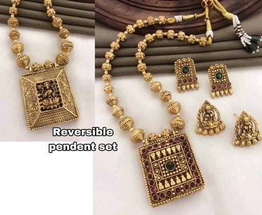 Reversible Designer Floral Gold Finish South Indian Golden Long Chokar With Long Haram Necklace Set For Women & Girls