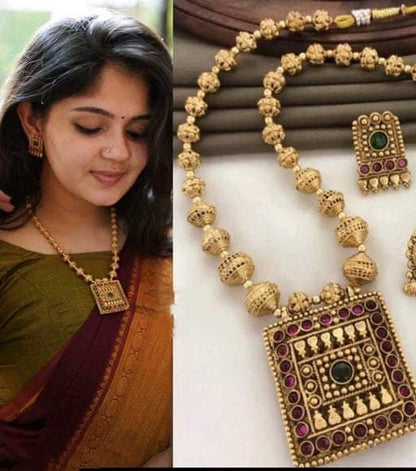 Reversible Designer Floral Gold Finish South Indian Golden Long Chokar With Long Haram Necklace Set For Women & Girls