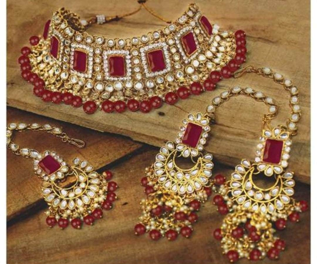 Indian Bridal Heavy Kundan With Pearls Statement Gold Plated Jewellery Set Maangtika For Women & Girls