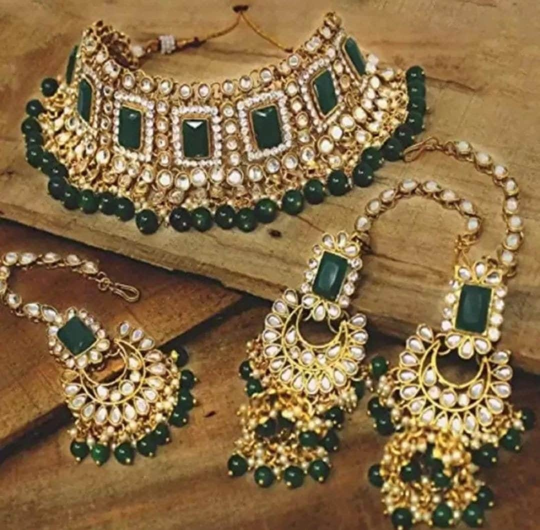 Indian Bridal Heavy Kundan With Pearls Statement Gold Plated Jewellery Set Maangtika For Women & Girls