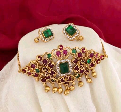 Cubic Zirconia Studded Gold Plated Artifical Stone Rajwadi Chic Chokar Set For Women & Girls