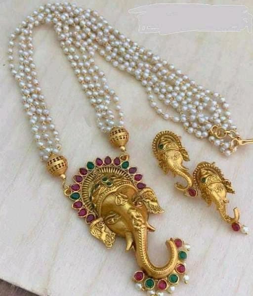 Designer Handcrafted Ganesha Temple Long White Beads haram Necklace For women & Girls