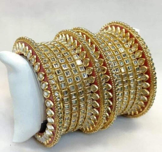 Rajkharana Style Kundan Studded Gold Polish Acrylic Bangles Set For Women & Girls