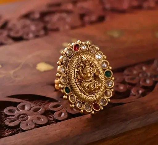 South Indian Gold Matte Finish Lakshmi Temple Blessed Enlightenment Ring For Women & Girls