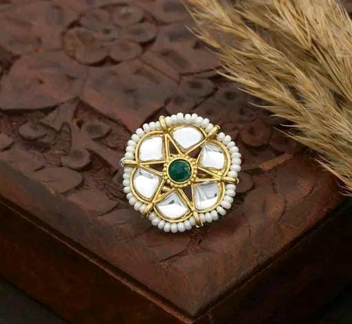 Polki Kundan Jaipuri Rajputana Look Classy Golden Adjustable Ring For Women & Girls