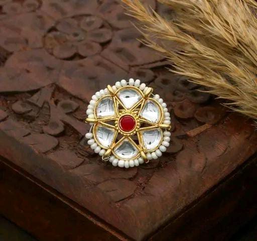 Polki Kundan Jaipuri Rajputana Look Classy Golden Adjustable Ring For Women & Girls