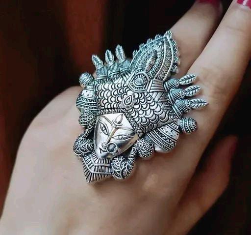 Big Size Devi Maa Look Silver Tone Indian Oxidized Rings For Women & Girls