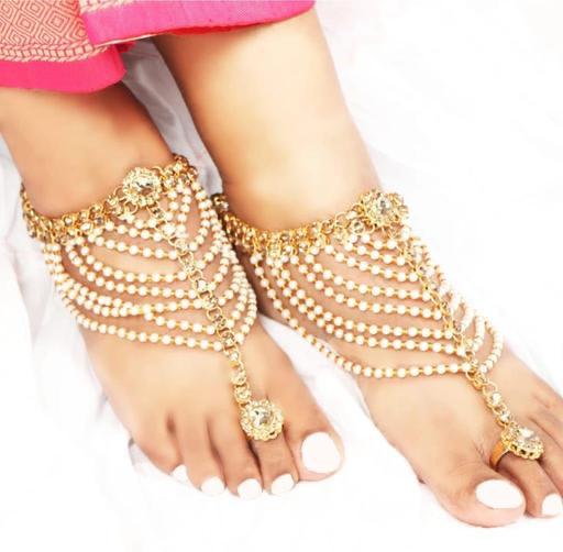 Classy Wedding Wear Kundan Studded Gold Plated Designer Anklets For Women & Girls