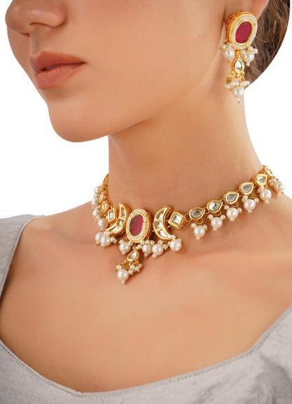 Rajwadi Ruby Stone Studded Polki Uncut Kundan With Pearls Statement Gold Plated Jewellery Set For Women & Girls (Copy)