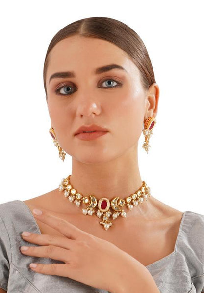 Rajwadi Ruby Stone Studded Polki Uncut Kundan With Pearls Statement Gold Plated Jewellery Set For Women & Girls (Copy)