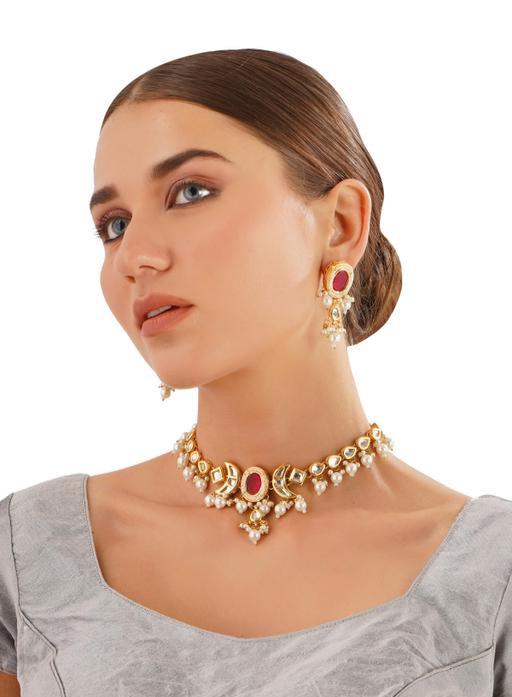 Rajwadi Ruby Stone Studded Polki Uncut Kundan With Pearls Statement Gold Plated Jewellery Set For Women & Girls (Copy)