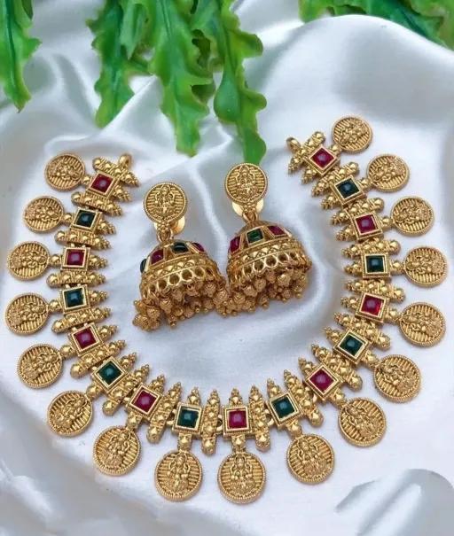 South Indian Designer Gold Matte Finish Pink-Green Coin Temple Jewellery Set For Women & Grils (Copy)