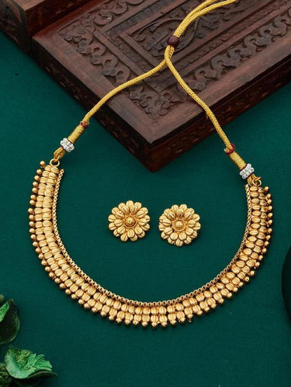 Designer Indian Wedding Gold Matte Finish Golden South Jewlery Set With Earrings For Women & Girls