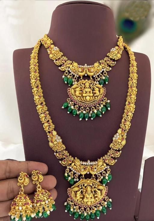 Emerald Green Long Haram Necklace With Chokar Temple Gold Plated Green Kundan Studded Bridal Necklace Set For Women & Girls