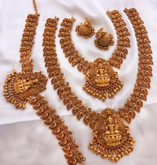 Bridal Gold Matte Finish Temple Long Haram With Chokar Kamarband Hip Belt Combo Gold Plated Jewellery Set For Bride jewelry