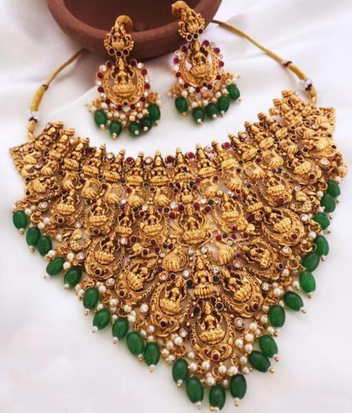 Sabyasachi Designer Bridal Heavy South Indian Gold Platted Temple Green Kundan Gold Necklace Jewlery Set For Bridal