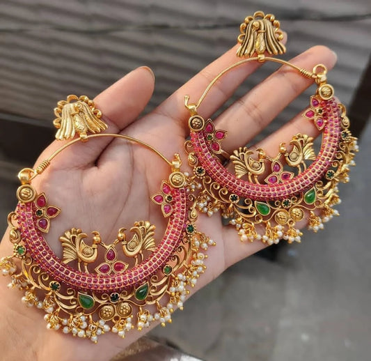 Beautiful Peacock Red Color Gorgeous Golden Chandbaliya Kundan Earrings For Women & Girls