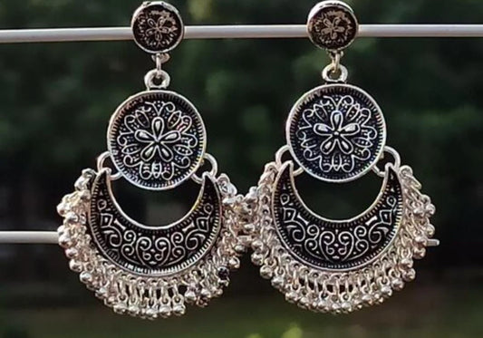 Boho Hippie Look Silver Tone Oxidized Indian Jhumka Earrings For Women & Girls