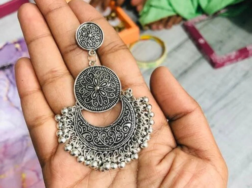 Boho Hippie Look Silver Tone Oxidized Indian Jhumka Earrings For Women & Girls