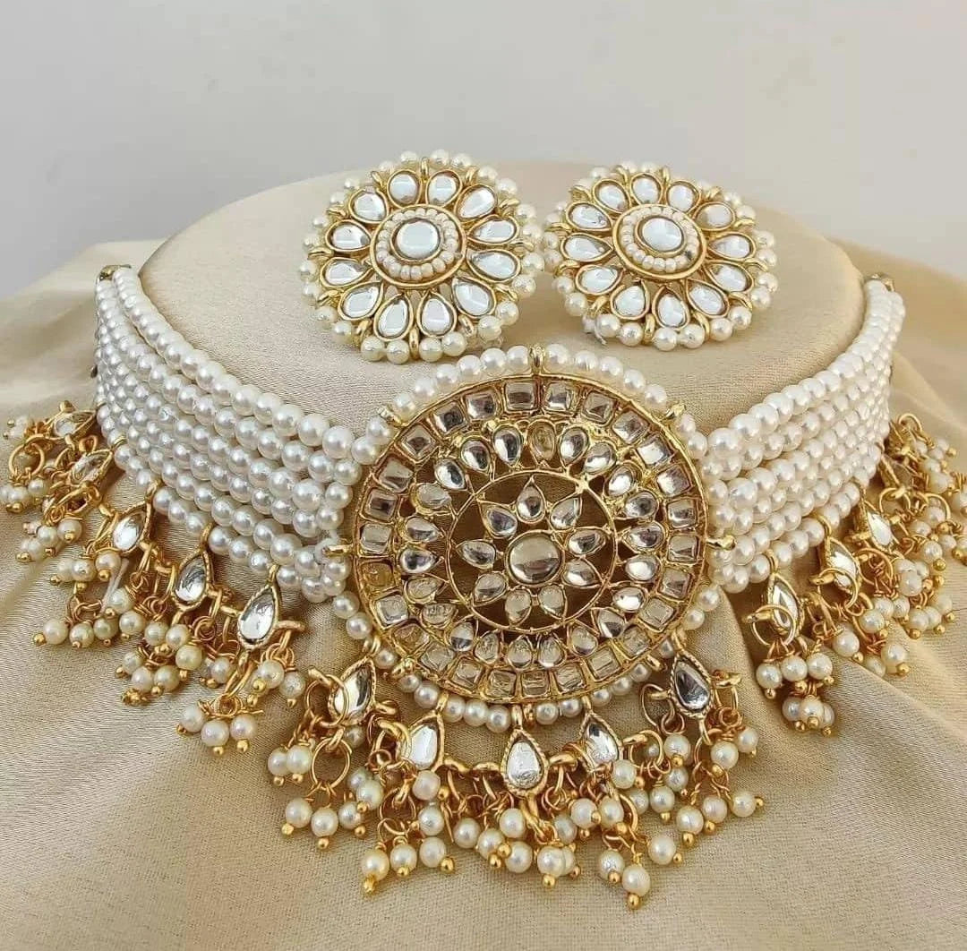 Classic Style Heavy Kundan Work hanging Pearls Premium Necklace Set With Earrings For Women & Girls