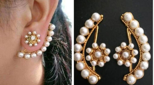 Indian Gold Plated Oxidized  Ear-Cuff White Pearl Moti Handcrafted Jewelry Earrings For Women & Girls