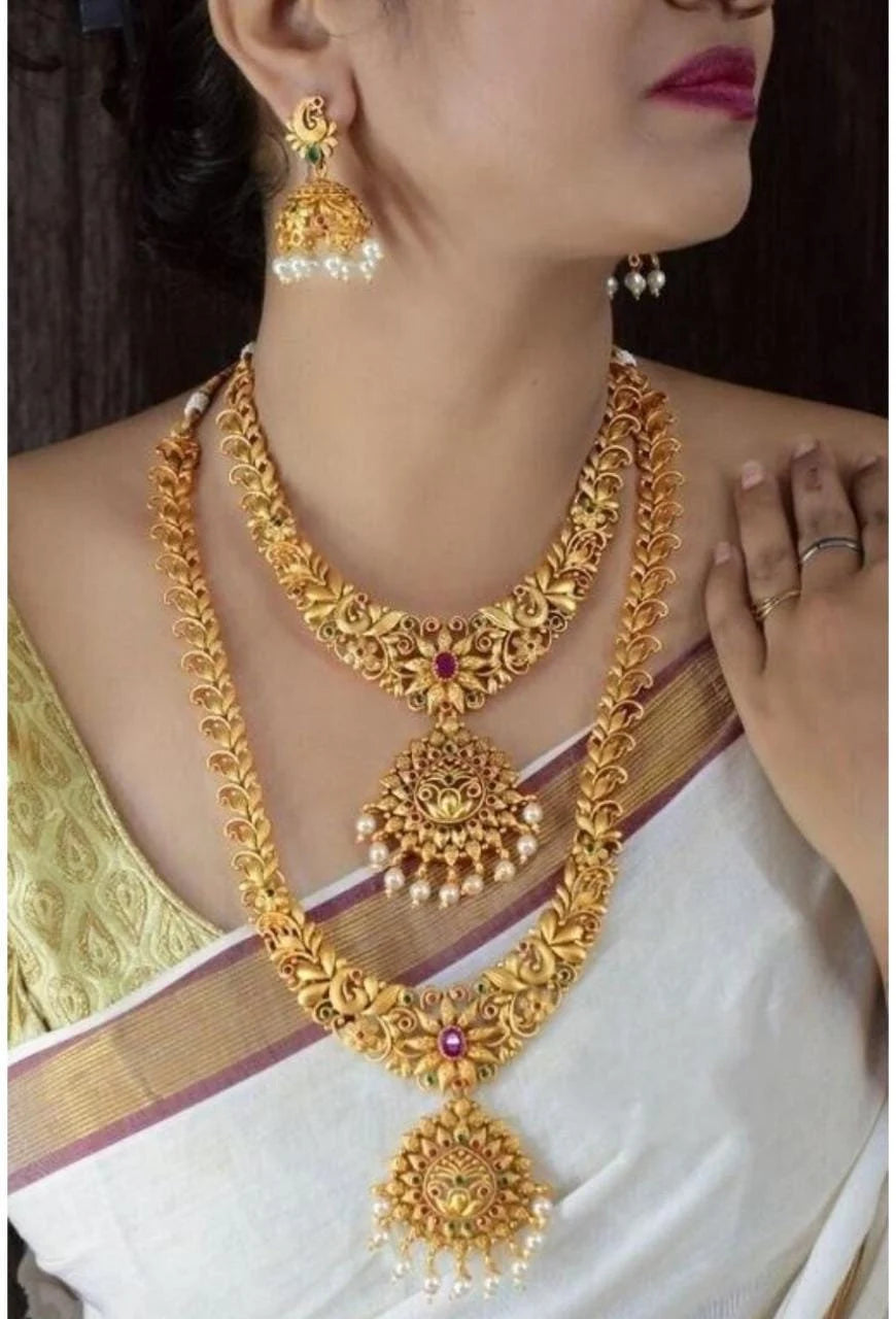 Designer Floral Gold Finish South Indian Golden Long Chokar With Long Haram Necklace Set For Women & Girls