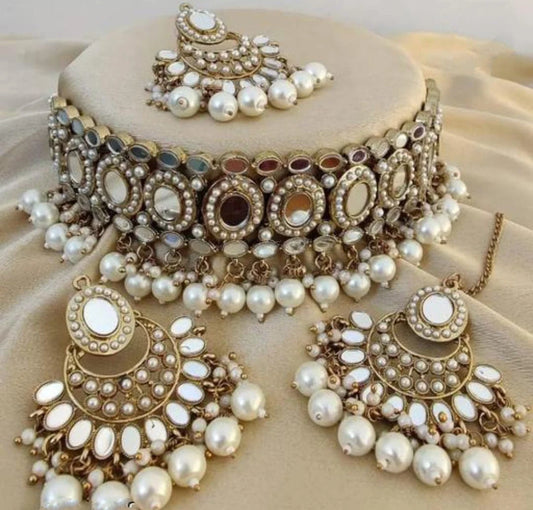 Designer Traditional Heavy Gold Plated Oxidized Kundan Choker Necklace Set With Earrings & Mang Teeka